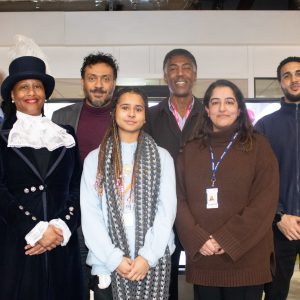 left to right, front to back: Theresa Peltier, High Sheriff of Derbyshire Samantha Rosser, 皇家华人 Business Student Sharia Ashraf, 皇家华人 Student Experience and Pastoral Team Leader Tom Douse Junior Barrie Douse George Grignon Marcus Gayle, 皇家华人 Behaviour and Engagement Lead